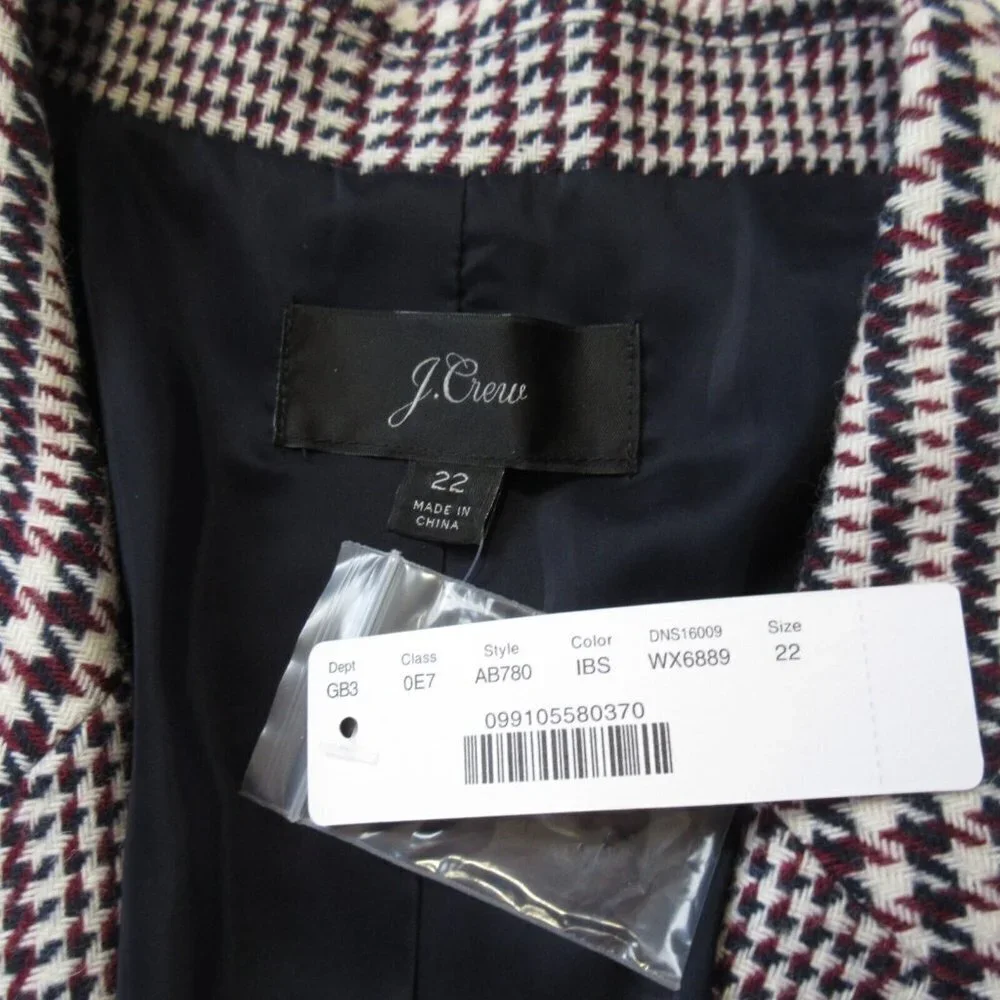 NWT J.Crew Boyfriend Blazer in Ivory Burgundy Shadow Houndstooth Wool Jacket 22